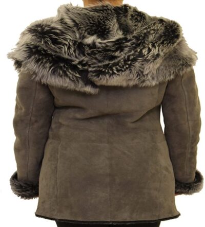 Womens Grey Suede Shearling Long Biker Style Hooded Jacket and Coat