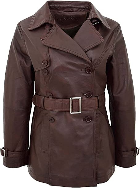 Womens Real Leather Double Breasted Mid Length Trench Coat Sienna