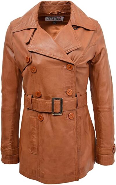 Womens Real Leather Double Breasted Mid Length Trench Coat Sienna