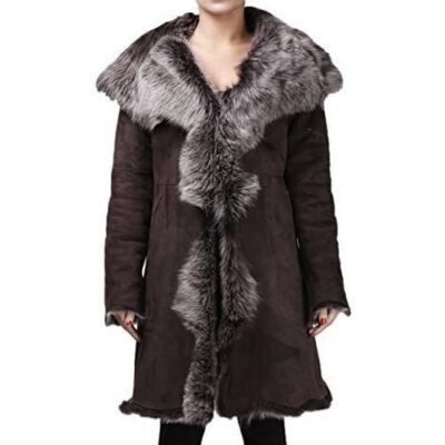 Infinity Ladies Women's Brown with Grey Real Toscana Sheepskin Leather Jacket Trench Hooded Coat