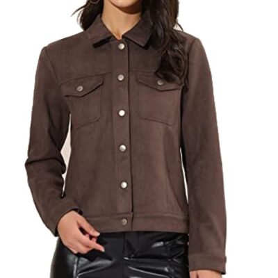 Allegra K Women's Turn Down Collar Faux Suede Jacket