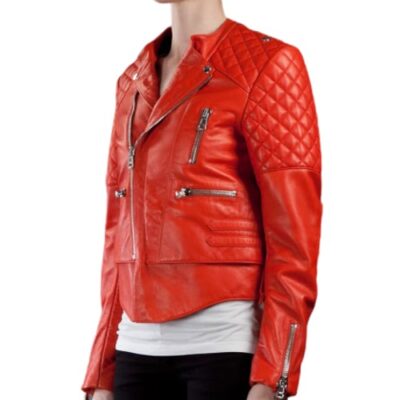 Kristen Stewart Quilted Red Biker Leather Jacket