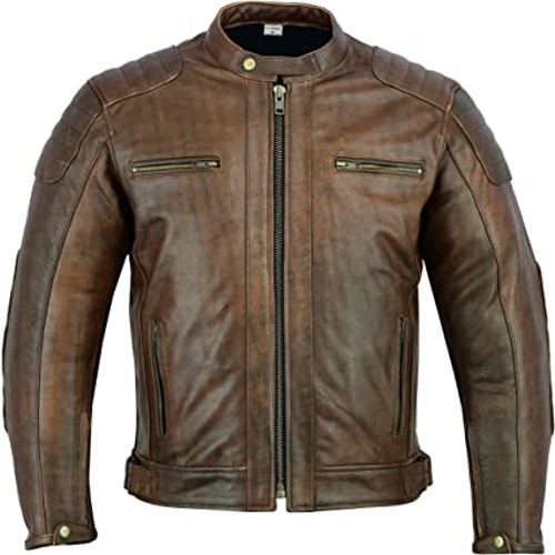 Mens Leather Motorcycle Jacket - Touring Motorbike Jacket With Genuine Biker CE Armour (EN 1621-1) Protection - Texpeed - Quilted Stitched Design - Distressed Brown