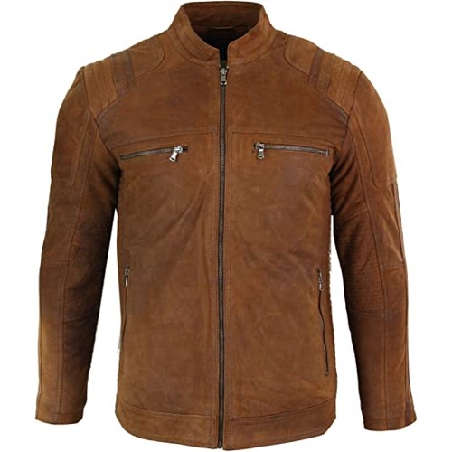 Mens Real Suede Leather Retro Vintage Camel Zip Bikers Jacket