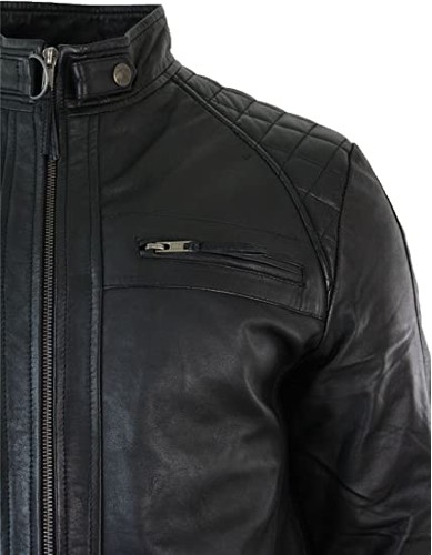 Mens Retro Style Zipped Biker Jacket Real Leather Soft Black Casual