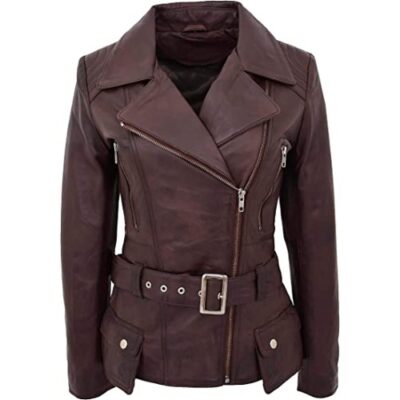 Womens Real Leather Biker Jacket Cross Zip Celia