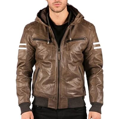 Aviatrix Men's Black Hood Real Leather Bomber Jacket