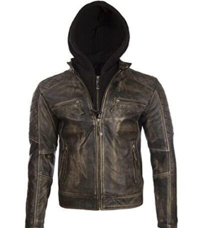 Aviatrix Men's Real Leather Vintage Look Biker Jacket with Removable Hood