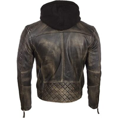 AVIATRIX MEN’S REAL LEATHER VINTAGE LOOK BIKER JACKET WITH REMOVABLE HOOD