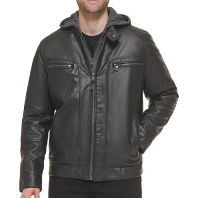 Calvin Klein men's Faux Leather Moto Jacket With Removable Hood