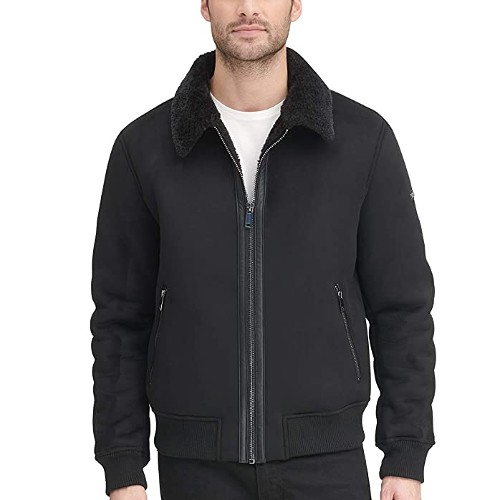 DKNY Men's Shearling Bomber Jacket with Faux Fur Collar Coat