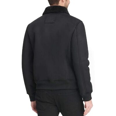 DKNY Men's Shearling Bomber Jacket with Faux Fur Collar Coat