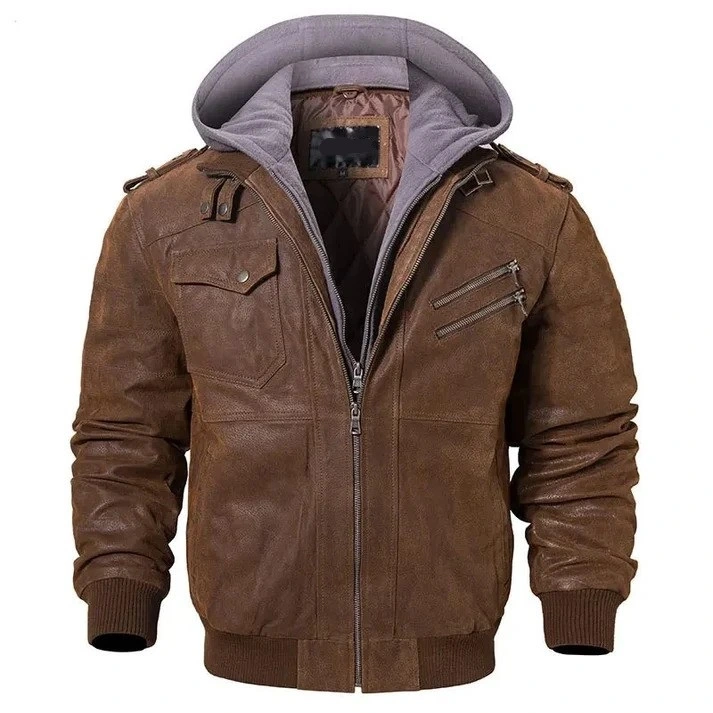 FLAVOR Men Brown Leather Motorcycle Jacket with Removable Hood