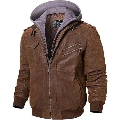 FLAVOR Men Brown Leather Motorcycle Jacket with Removable Hood