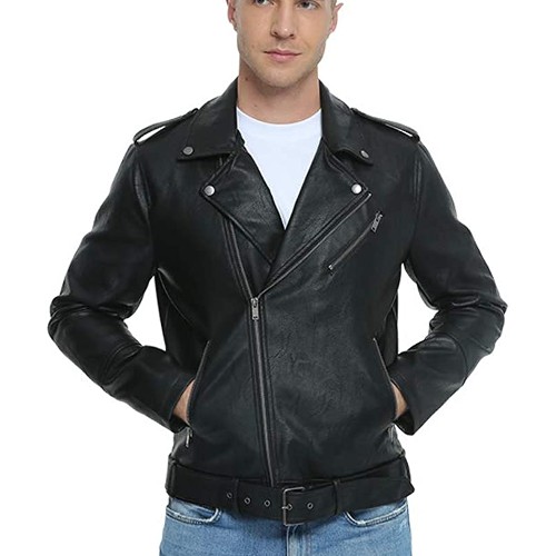 Fahsyee Leather Jackets for Men, Faux Motorcycle Lapel Asymmetric Zip-Up