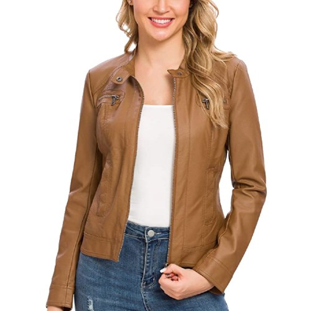 Fahsyee Women's Faux Leather, Zip Up Motorcycle Jacket Real
