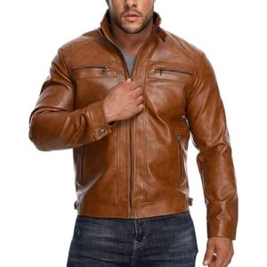 HOOD CREW Men’s Faux Leather Motorcycle Jacket