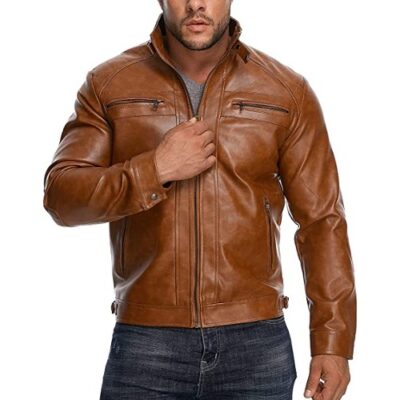 HOOD CREW Men’s Stand Collar Casual Faux Leather Motorcycle Jacket