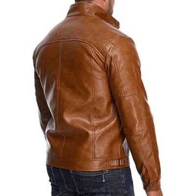 HOOD CREW Men’s Stand Collar Casual Faux Leather Motorcycle Jacket