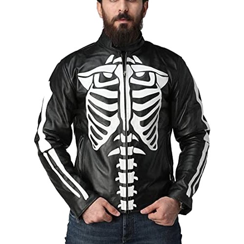 Halloween Cosplay Mens Skeleton Jacket, Café Racer Biker - Real Leather ...
