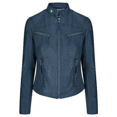 Ladies Genuine Real Leather Navy Biker Jacket