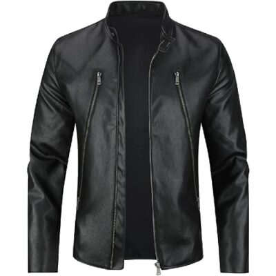 Men Casual Leather Jacket Stand Collar Bomber Jacket