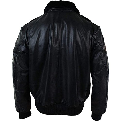 Miracle Trading Men Black Fur Collar Bomber Leather Jacket