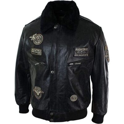 Miracle Trading Men's Black Fur Collar Bomber Leather Jackets