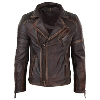 Infinity Men's Slim Fit Cross Zip Retro Vintage Brando Real Leather Jacket