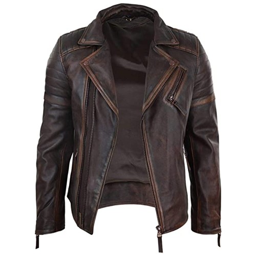 Infinity Men's Slim Fit Cross Zip Retro Vintage Brando Real Leather Jacket