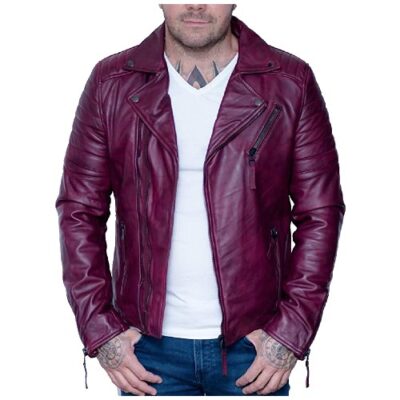 Men's Burgundy Slim Fit Cross Zip Vintage Brando Leather Biker Jacket