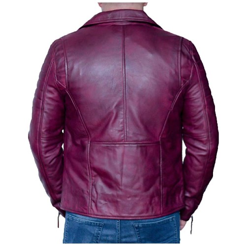 Men's Burgundy Slim Fit Cross Zip Vintage Brando Leather Biker Jacket