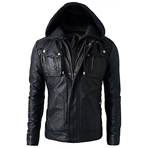 Men's Slim Fit Hooded Biker Leather Jacket