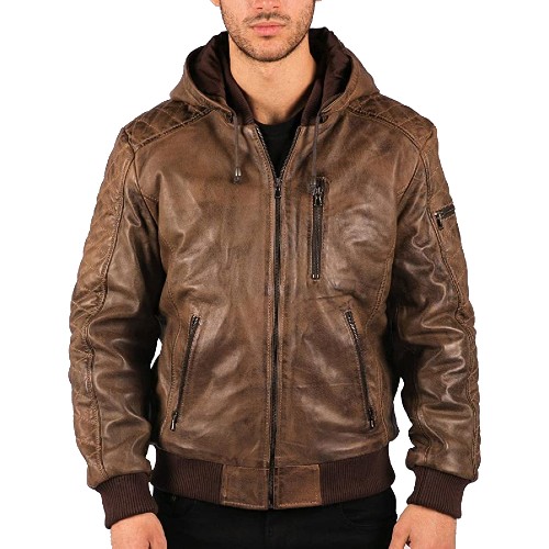 aviatrix men removable hood bomber leather jacket quilted