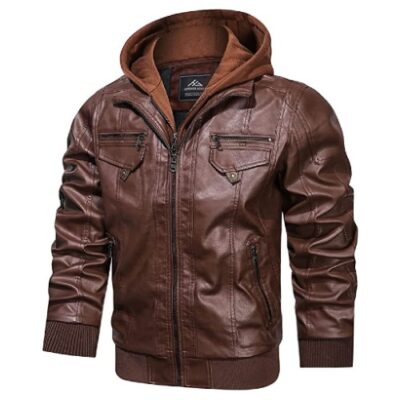 HJWWIN Mens Faux Leather Vintage Biker Bomber Jacket Zip Up with Removable Hood