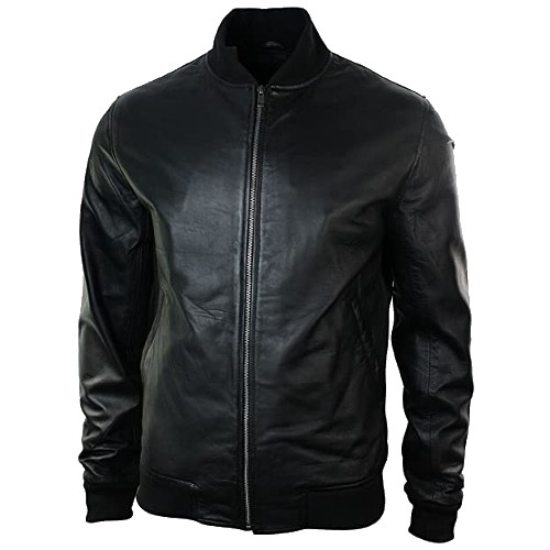 infinity mens slim fit real leather black varsity bomber jacket