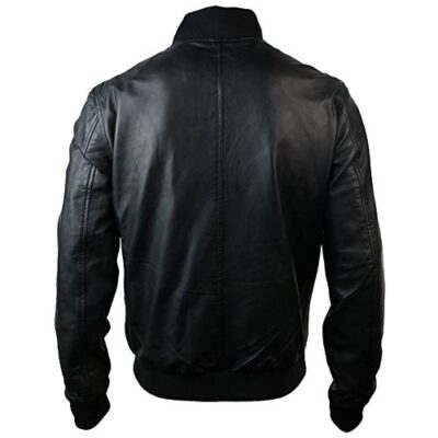 infinity mens slim fit real leather black varsity bomber jacket