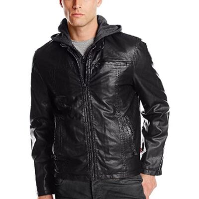 levis mens faux leather hooded -racer jacket