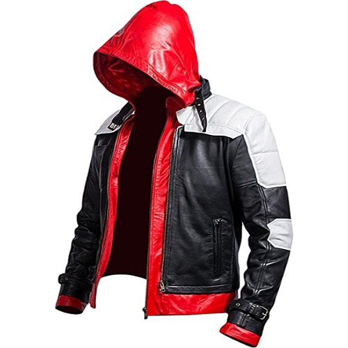Men’s Distressed Super Hero Hooded Leather Jacket. Christmas Leather Hooded