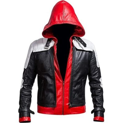 Men’s Distressed Super Hero Hooded Leather Jacket. Christmas Leather Hooded