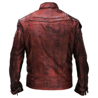 Men's Galaxy Biker Style jacket Maroon Distressed Leather Jacket - Star Superhero Guardians Lord Quill
