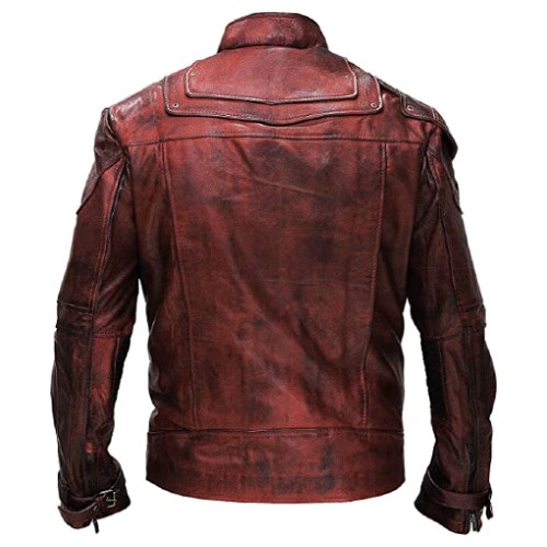 Men's Galaxy Biker Style jacket Maroon Distressed Leather Jacket - Star Superhero Guardians Lord Quill