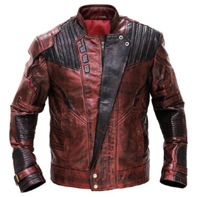 Men's Galaxy Biker Style jacket Maroon Distressed Leather Jacket - Star Superhero Guardians Lord Quill