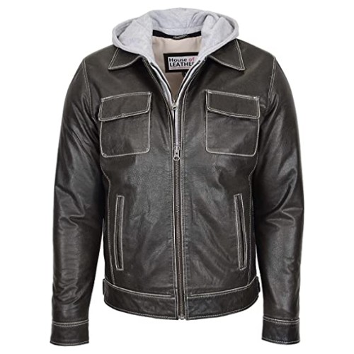 mens real leather jacket bikers style detachable hoodie cypher grey