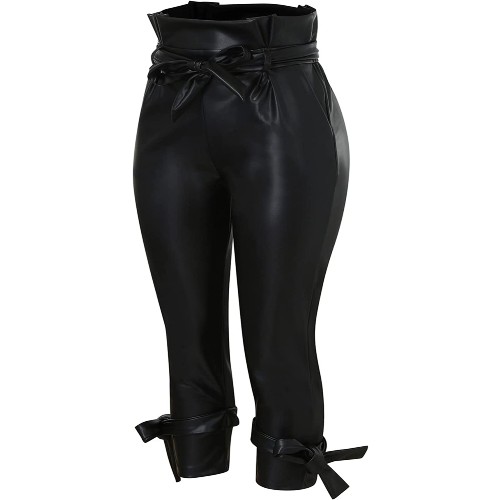 women's leather bow pocket trousers fashion sexy tight trousers solid leggings