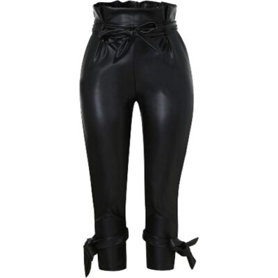 Women's Leather Bow Pocket Trousers Fashion Sexy Tight Trousers Solid Leggings