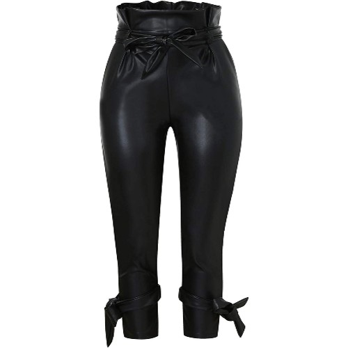 women's leather bow pocket trousers fashion sexy tight trousers solid leggings