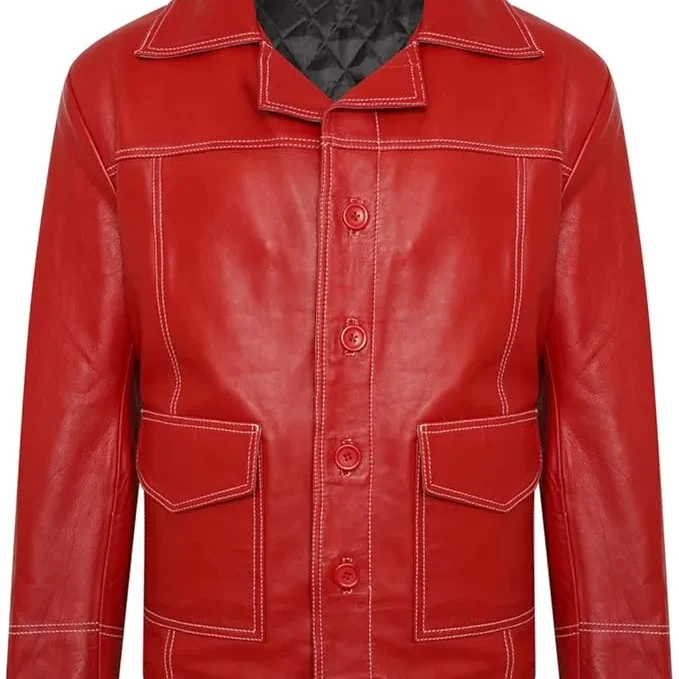 Fight Club Brad Pitt Red Leather Jacket Real Leather Garments