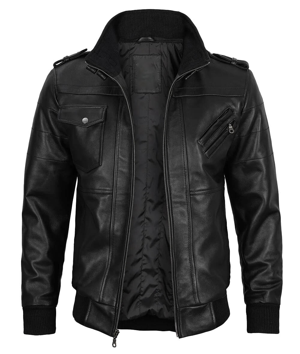 Black Leather Bomber Jacket with Detachable Hood