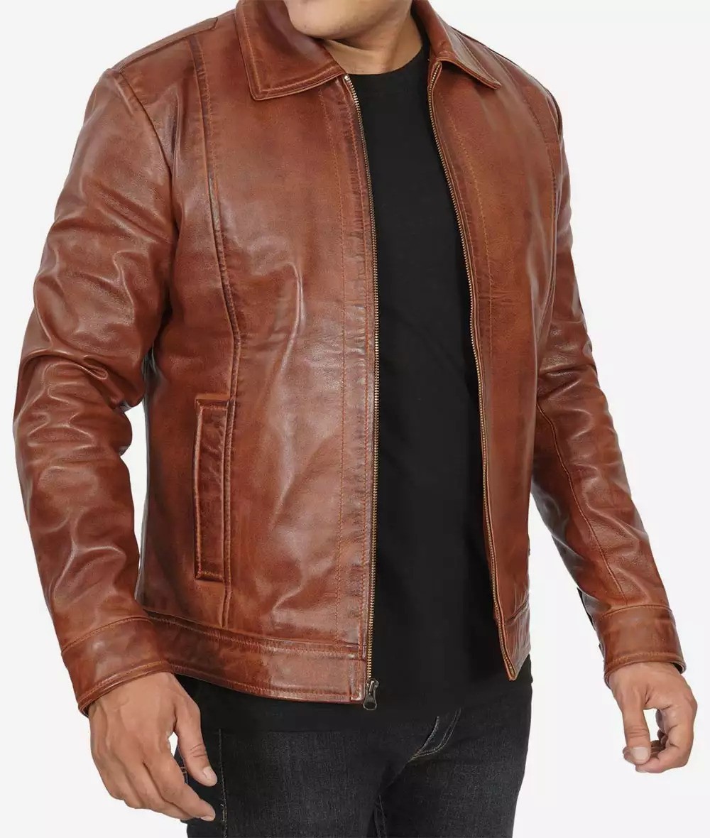 Brown Shirt Collar Men's Retro Leather Jacket